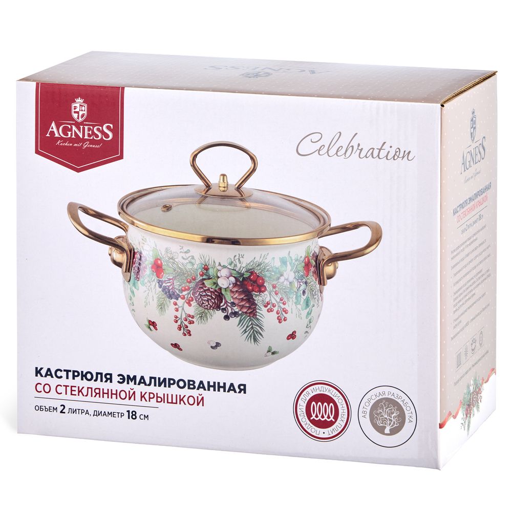 КАСТРЮЛЯ ЭМАЛИРОВАННАЯ AGNESS СО СТЕКЛЯННОЙ КРЫШКОЙ СЕРИЯ "CELEBRATION", 2.0 Л, 18*11 СМ