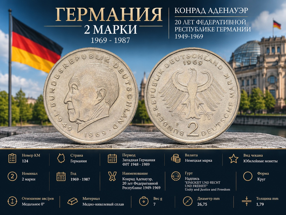 Германия 2 марки, 1972 F Конрад Аденауэр XF