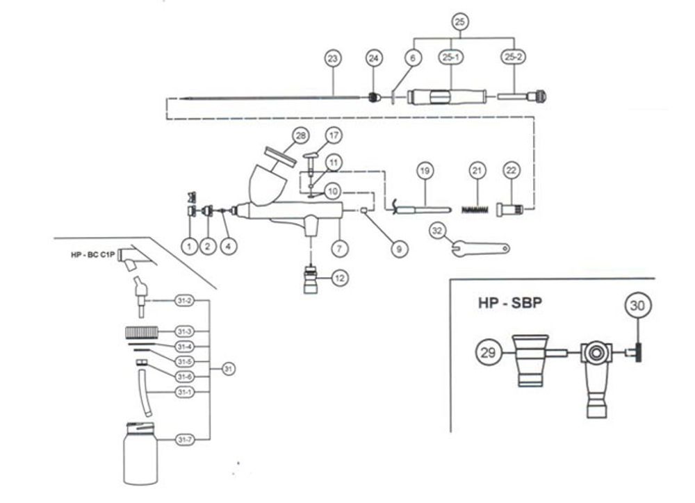 устройство аэрографа Iwata HP-C-Plus