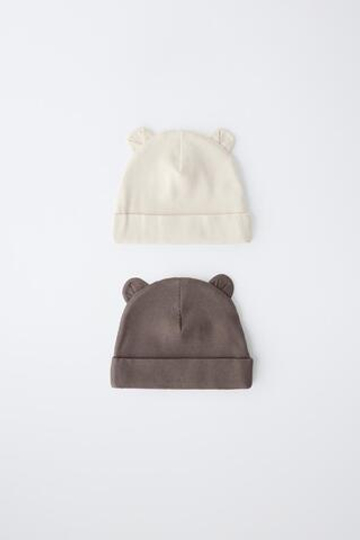 ZARA НАБОР ИЗ ДВУХ ШАПОК В РУБЧИК С УШКАМИ, ЭКРЮ/КОРИЧНЕВЫЙ
