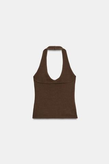 ZARA ТОП С ГОРЛОВИНОЙ ХАЛТЕР И ЗАКРУГЛЕННЫМ НИЗОМ, КОРИЧНЕВЫЙ