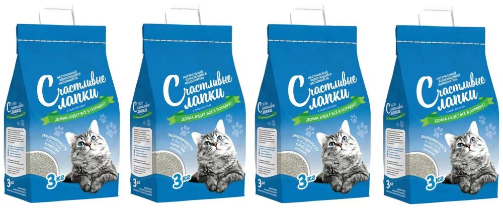 Наполнитель Счастливые Лапки комкующийся, 3 кг - 4 шт