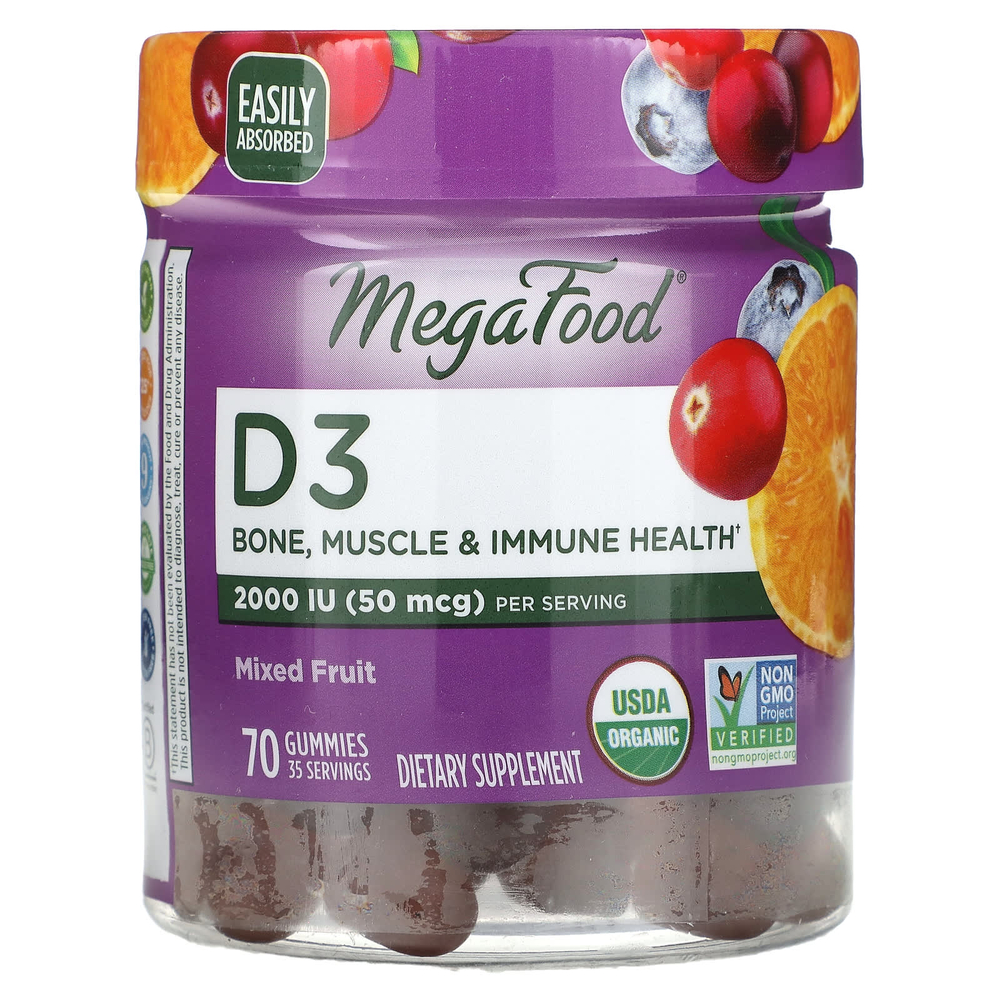 MegaFood, D3, фруктовое ассорти, 70 жевательных таблеток (25 мкг (1000 МЕ) в 1 жевательной таблетке)