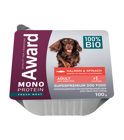 Award Monoprotein для взрослых собак паштет из лосося со шпинатом 100гр.