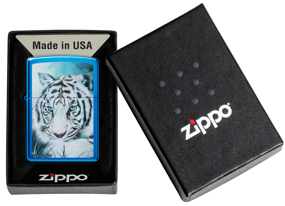 Зажигалка Zippo White Tiger с покрытием High Polish Blue, латунь/сталь, синяя, 38x13x57 мм