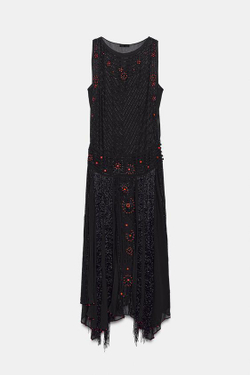 ZARA АСИММЕТРИЧНОЕ ПЛАТЬЕ С БУСИНАМИ И БАХРОМОЙ ZW COLLECTION, ЧЕРНЫЙ