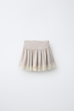 ZARA ЮБКА ИЗ МЯГКОЙ ТКАНИ С КРУЖЕВОМ, БЕЖЕВЫЙ