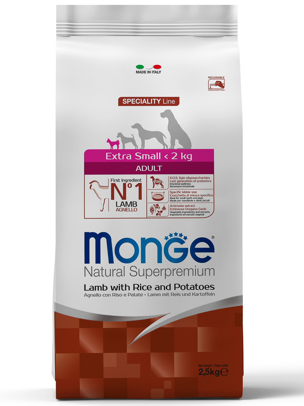 Cухой корм Monge Dog Speciality Line Extra Small корм для взрослых собак миниатюрных пород ягненок с рисом и картофелем 2,5 кг