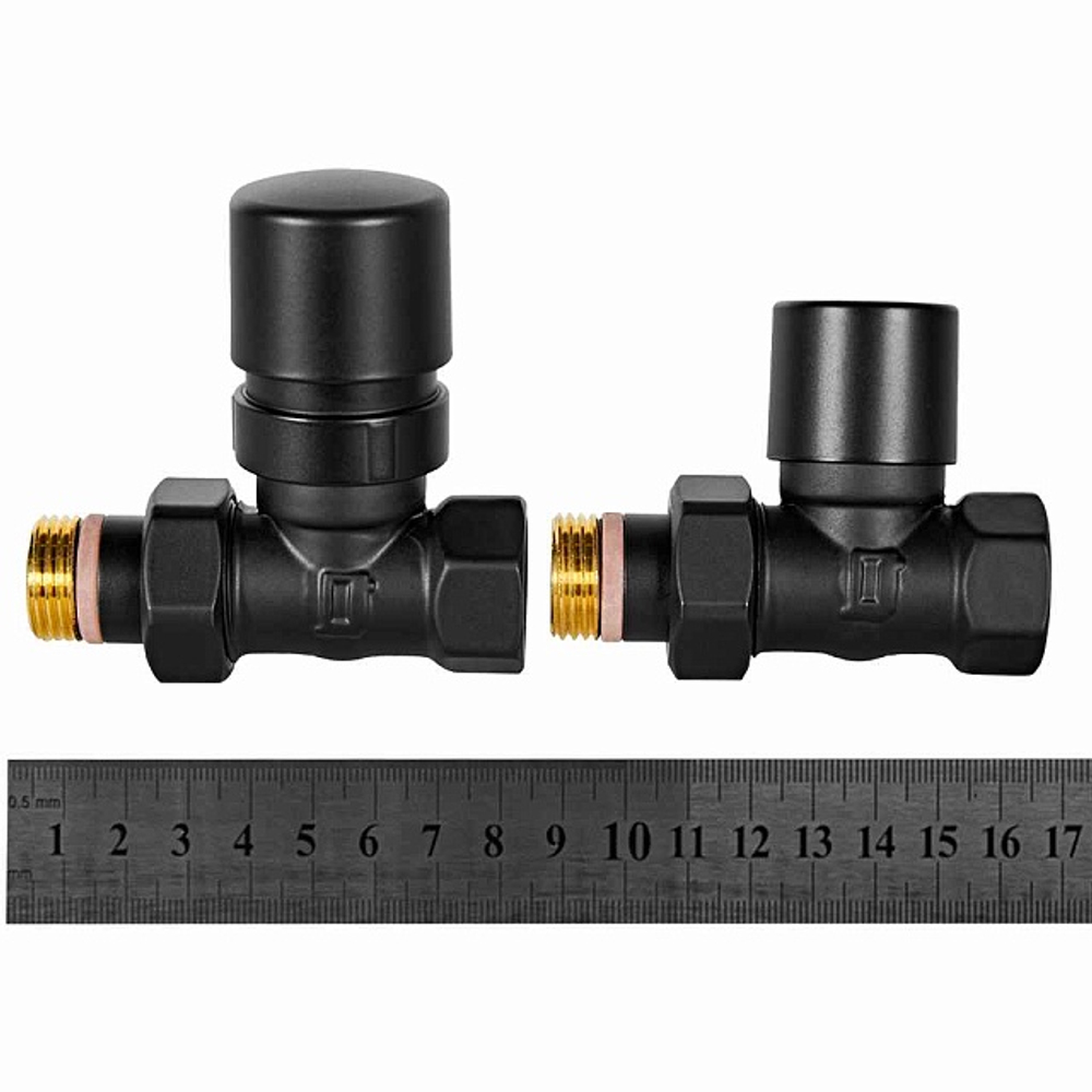 Комплект клапанов термостатических прямой STOUT Design - 1/2" (ВР/НР-американка, PN10, Tmax 120°C, EPTF уплотнение, цвет черный)