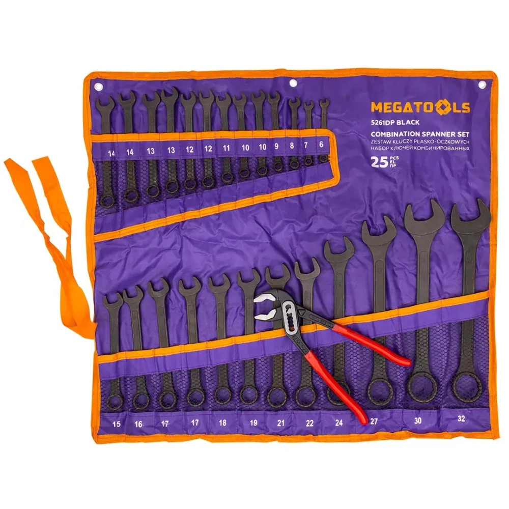 Набор ключей комбинированных и рожковых 25пр. MEGATOOLS MT-5261DP+1 BLACK