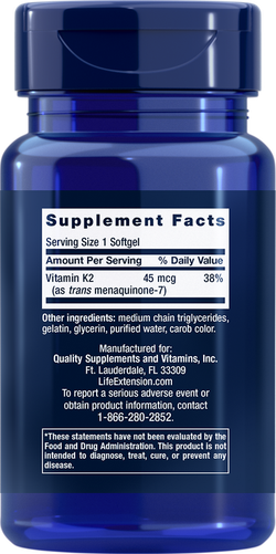 Low-Dose Vitamin K2 Menaquinone-7 (MK-7) 45 mcg 90 softgels Life Extension