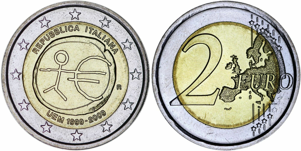 Италия 2 евро, 2009 10 лет монетарной политики ЕС (EMU) и введения евро UNC