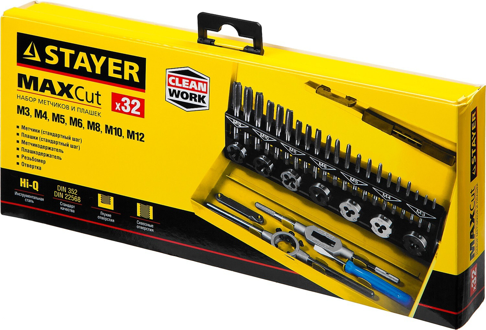 STAYER MaXCut, 32 предмета, легированная сталь, набор комплектных метчиков и плашек (28014-H32)