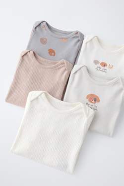 ZARA НАБОР ИЗ 5 БОДИ С ПРИНТОМ «СОБАКИ», СЕРЫЙ/НЕЖНО-КОРИЧНЕВЫЙ