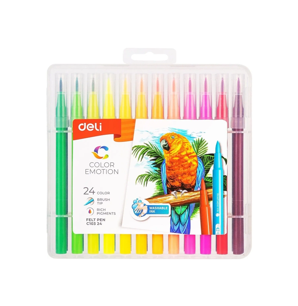 Фломастеры 24цв. Deli Color Emotion кисть, смываемые, пластиковый пенал EC10324