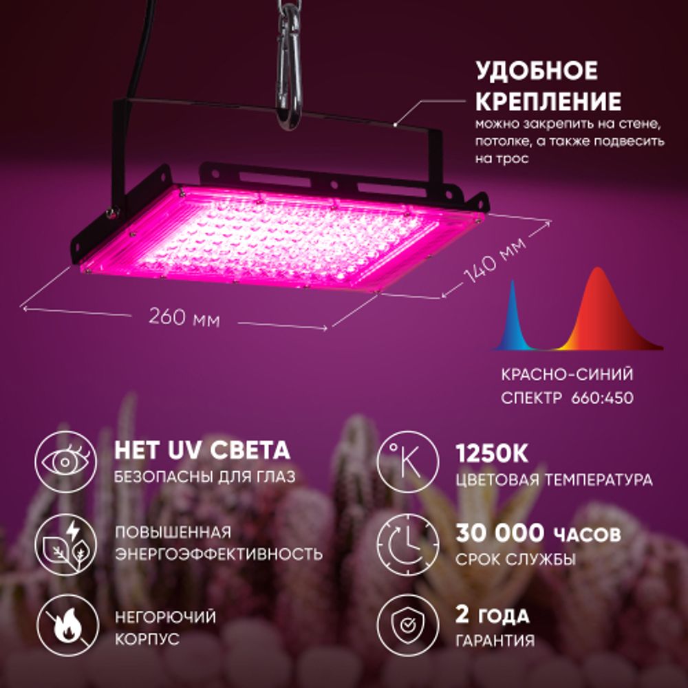Фитопрожектор для растений светодиодный ЭРА FITO-80W-RB-LED-Y красно-синего спектра | Фито прожекторы
