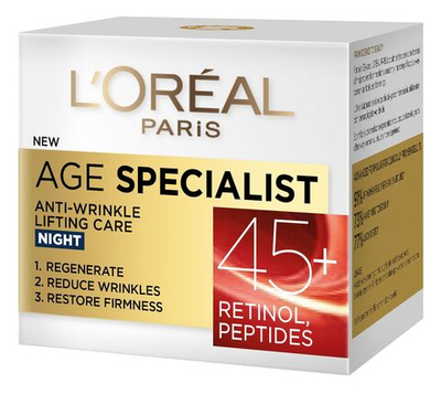 Антивозрастной укрепляющий крем для лица ночной L'Oral Paris Age Specialist 45 + с маслом камелии и Pro-retinol 50 мл (Из Финляндии)