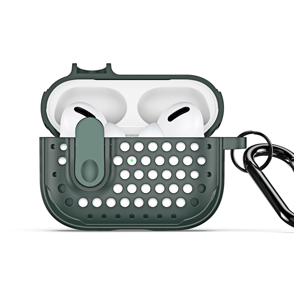 Усиленный чехол зеленого цвета от Dux Ducis для наушников Airpods Pro 2, серия PECM Series Case, в комплекте с карабином