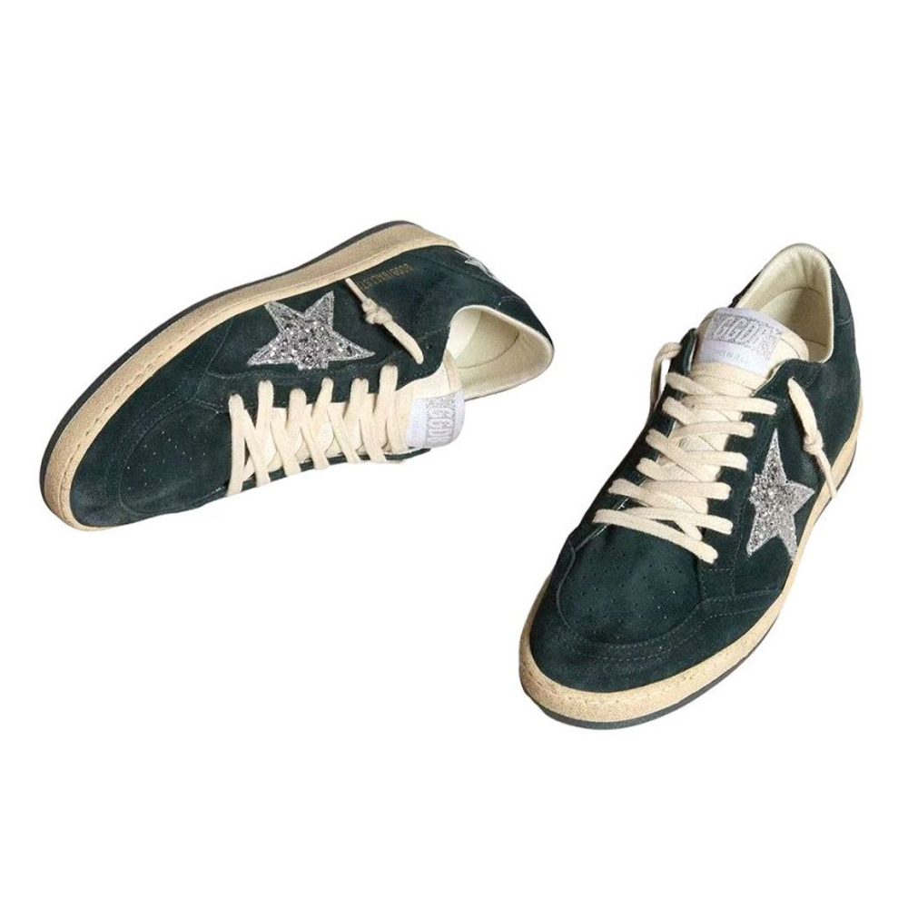 Women's Golden Goose Ball Star in Green suede with Silver glitter star