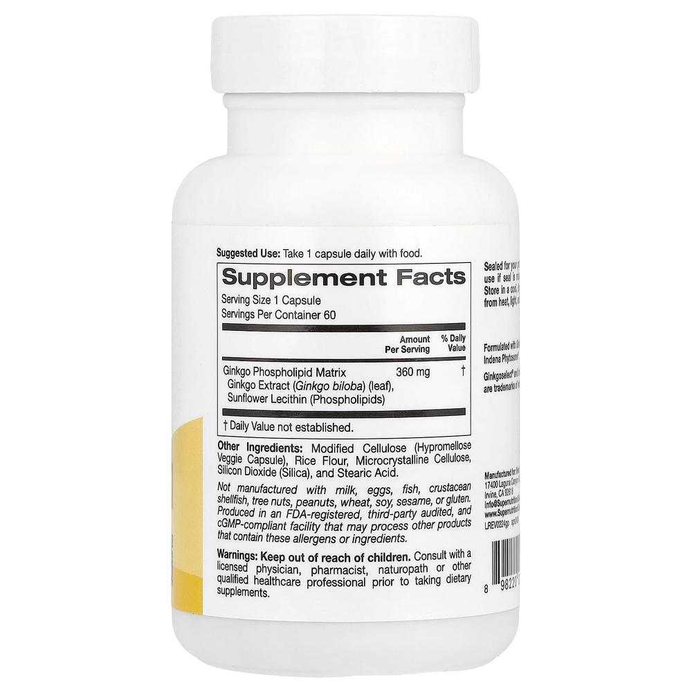 Super Nutrition, Ginkgo Phytosome, фитосомы гинкго, 360 мг, 60 растительных капсул