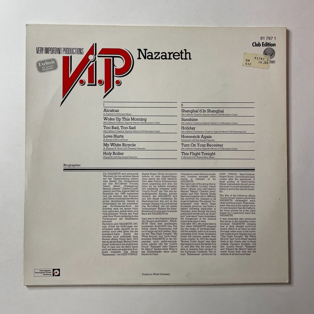 Винтажная виниловая пластинка LP Сборник Nazareth V.I.P. (Germany 1982) Love Hurts
