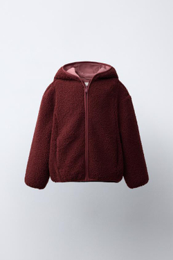 ZARA КУРТКА ИЗ ИСКУССТВЕННОЙ ОВЧИНЫ С КАПЮШОНОМ, ТЕМНЫЙ ЧЕРЕПИЧНЫЙ