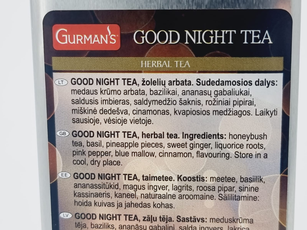 Травяной чай с добавками Gurman's Good Night Tea в жестяной банке 60 г (Литва)