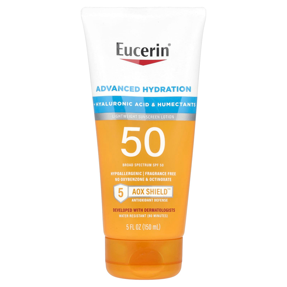 Eucerin, Advanced Hydration, легкий солнцезащитный лосьон, SPF 50, без отдушек, 150 мл (5 жидк. унц.)