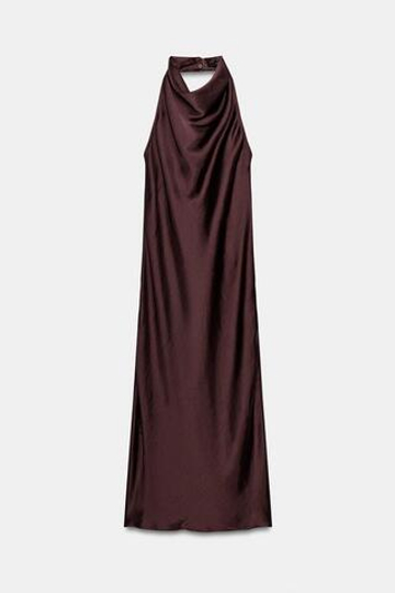 ZARA АТЛАСНОЕ ПЛАТЬЕ МИДИ С ГОРЛОВИНОЙ ХАЛТЕР — ZW COLLECTION, БАКЛАЖАННЫЙ