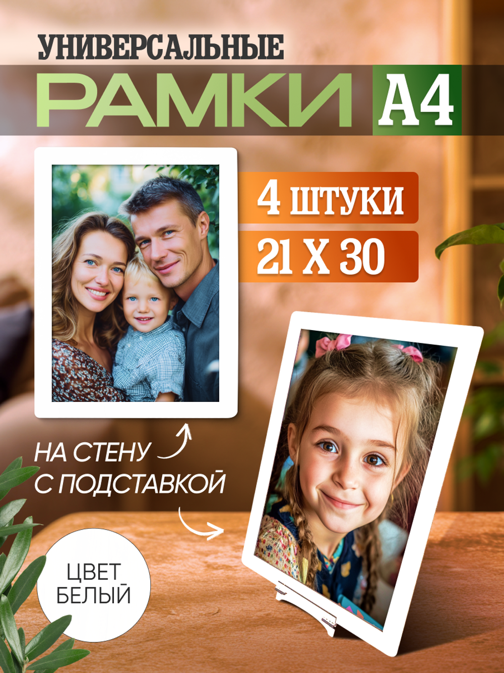 Набор фоторамок 30х21 (А4), 4шт, Белый лак