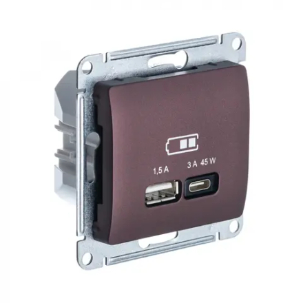 GLOSSA USB РОЗЕТКА А + тип-С 45Вт высокоскор.заряд. QC,PD, мех., БАКЛАЖАНОВЫЙ