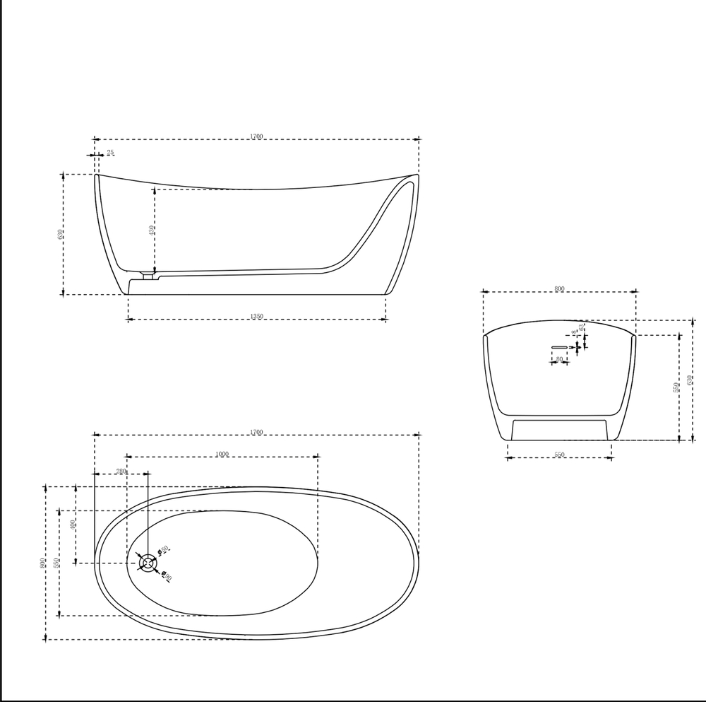Ванна Vincea Solid Surface VBT-6S03MW, 1700*800*630, белый мат., слив-перелив в комплекте