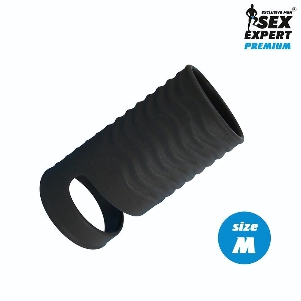 Черная открытая насадка на пенис с кольцом для мошонки size M - 7,9 см. (Цвет: черный)