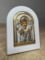 Николай Чудотворец, икона арочная, белое дерево 60x75