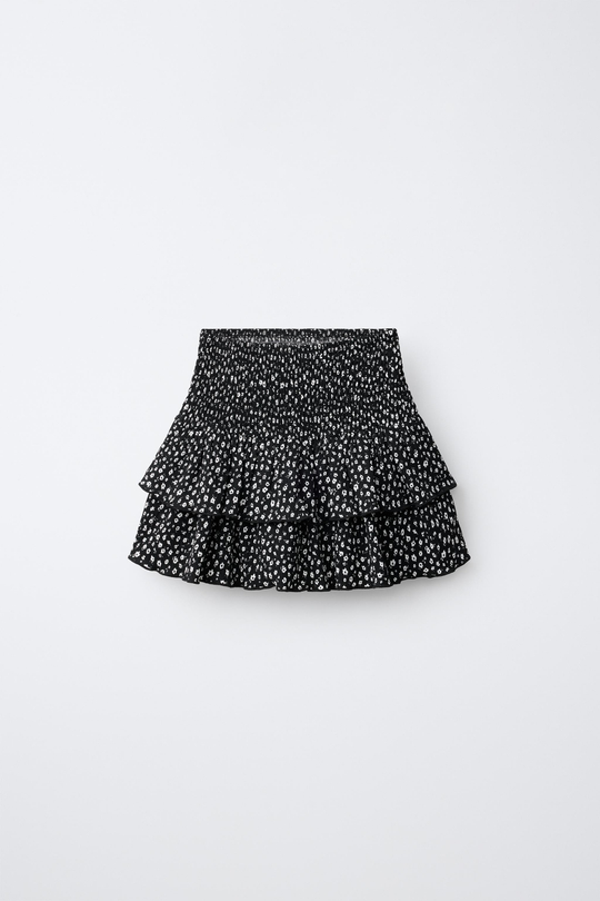ZARA ЮБКА С ПРИНТОМ И ВОЛАНОМ, ЧЕРНЫЙ