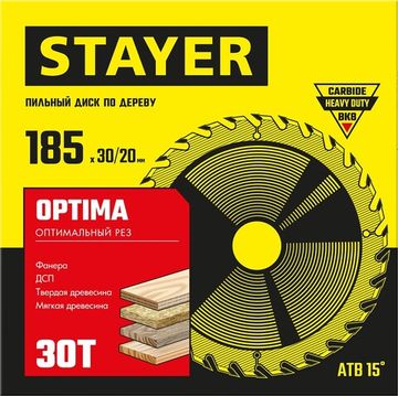 STAYER Optima, 185 x 30/20 мм, 30T, оптимальный рез, пильный диск по дереву (3681-185-30-30)