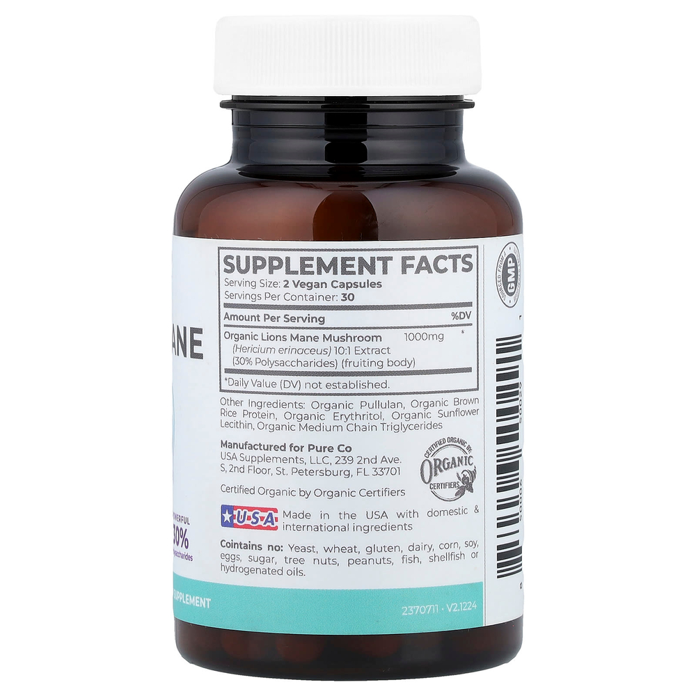 Pure Co., Органическая львиная грива, 60 веганских капсул (500 мг на капсулу)