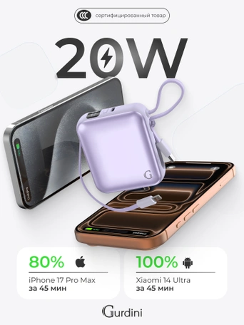 Внешний аккумулятор Gurdini Flow Power (CCC) 10000 mAh 20W ( built-in cables) USB-C/Lightning Light Purple