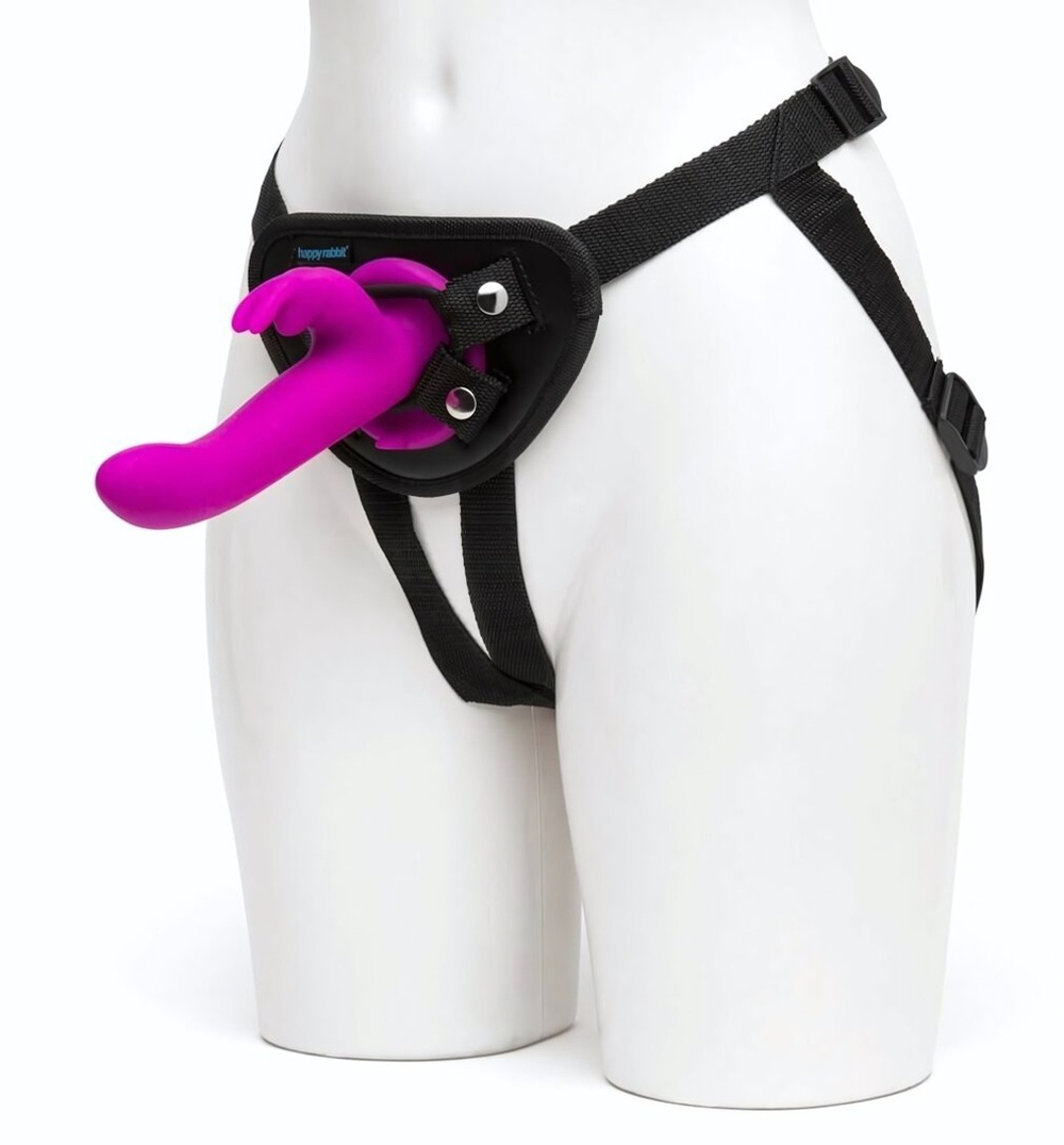 Лиловый страпон Rechargeable Vibrating Strap-On Harness Set - 17,6 см. (Цвет: лиловый)