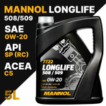 MANNOL Масло моторное 0w20 Mannol Longlife 508/509 7722 (SP(RC)/C5) 5л