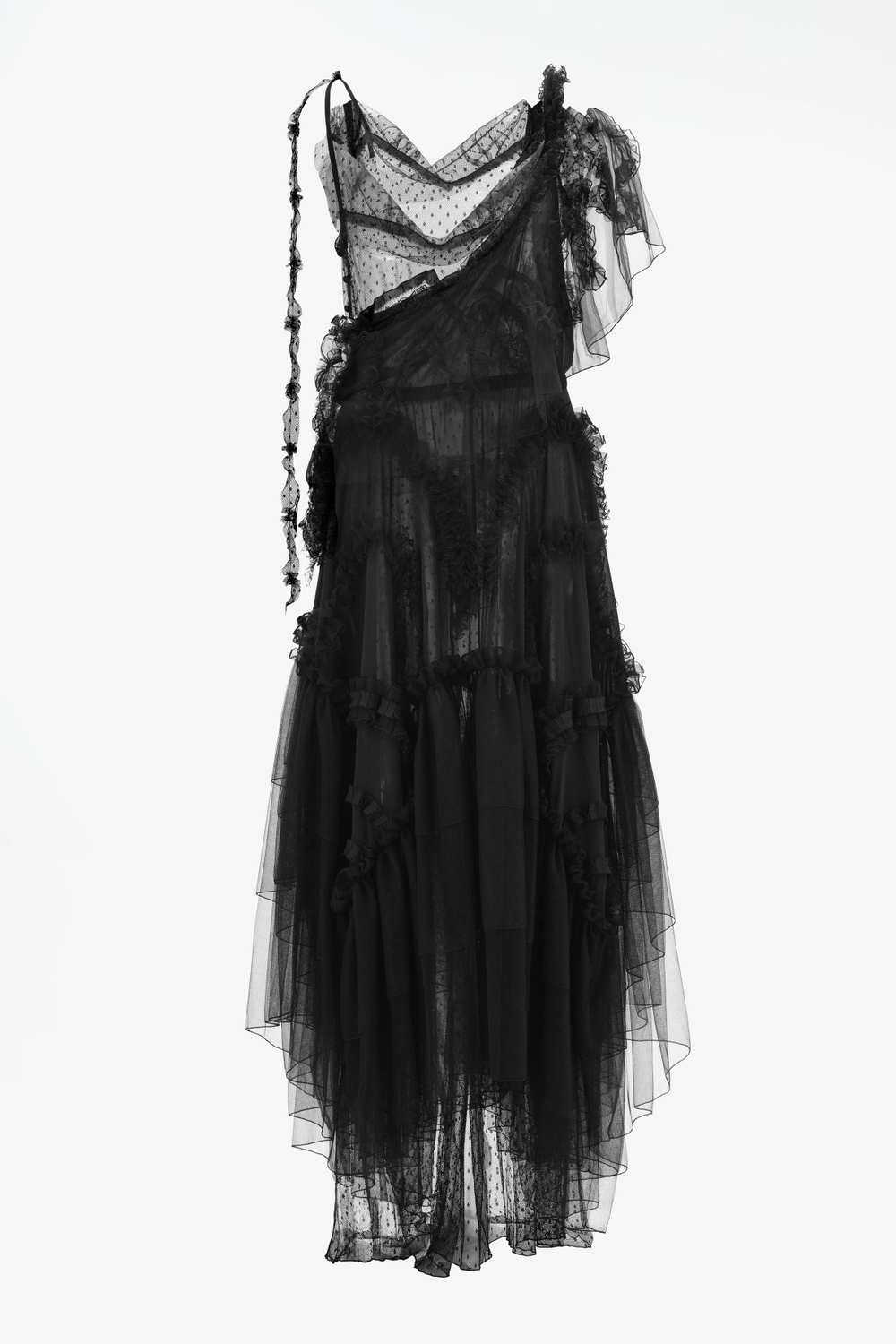ZARA X JOHN GALLIANO ПЛАТЬЕ МИДИ ИЗ ПОЛУПРОЗРАЧНОЙ ТКАНИ С РЮШАМИ, ЧЕРНЫЙ