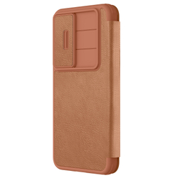 Кожаный чехол книжка коричневого цвета от Nillkin для смартфона Samsung Galaxy S25+, серия Qin Pro Leather с сдвижной защитной шторкой для камеры