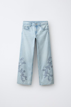 ZARA ДЖИНСЫ WIDE LEG С ВЫШИВКОЙ И СТРАЗАМИ, СИНИЙ