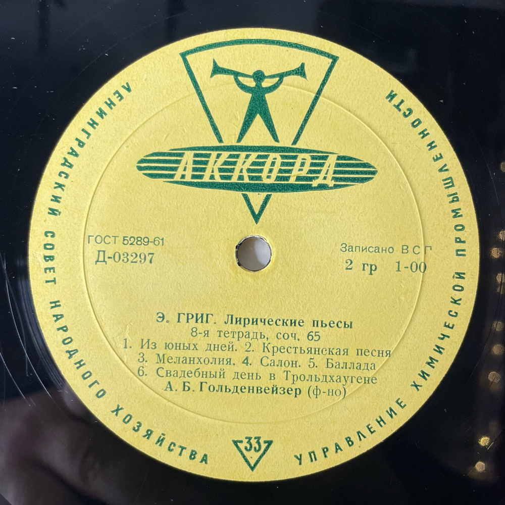 Винтажная виниловая пластинка LP Э. Григ, А. Гольденвейзер, Лирические Пьесы: 7-я Тетрадь, 8-я Тетрадь (СССР 1961)