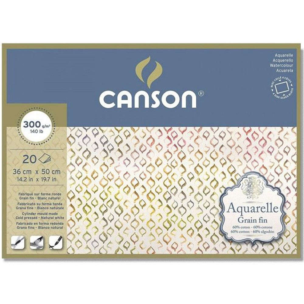 Блок для акварели AquarellCP Fine 300 г/м², A3+ 50х36 см, склейка с четырех сторон 20 л, мелкозернистая, Canson C400106441