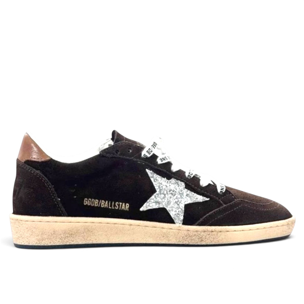 Women's Golden Goose Ball Star Brown Suede with Silver Glitter Star
