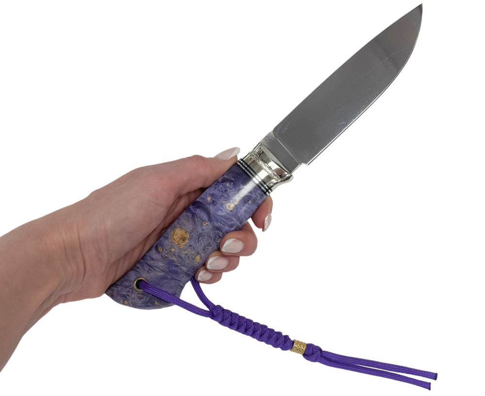Нож Соболь Premium, Bohler K340, рукоять кап.клёна, мельхиор, темляк, сиреневый