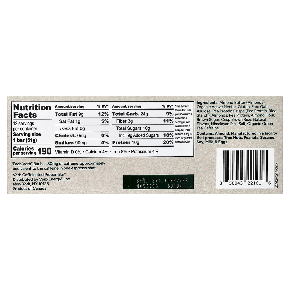 Verb Energy, Caffeinated Protein Bar, Birthday Cake, 12 Bars, 1.8 oz (51 g) Each