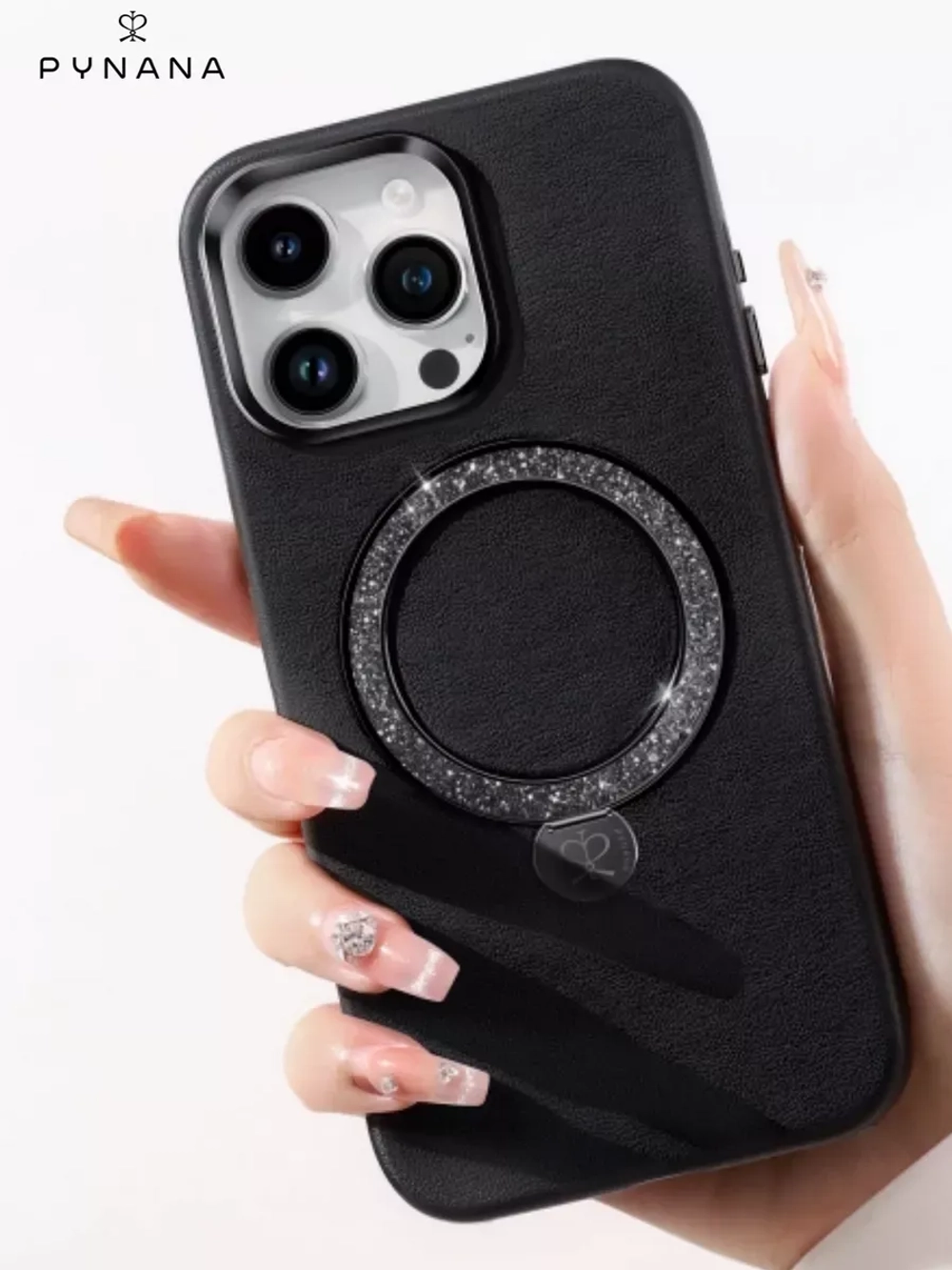 Чехол PYNANA для iPhone 15 PRO кожа, австрийский хрусталь, полуночно-черный