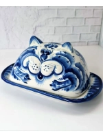 Масленка Кот для сливочного масла Гжель